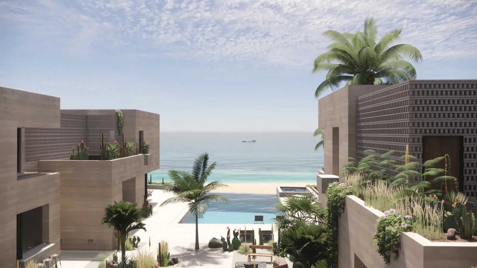 Architectural rendering of the exterior patio at Casa Laguna 6