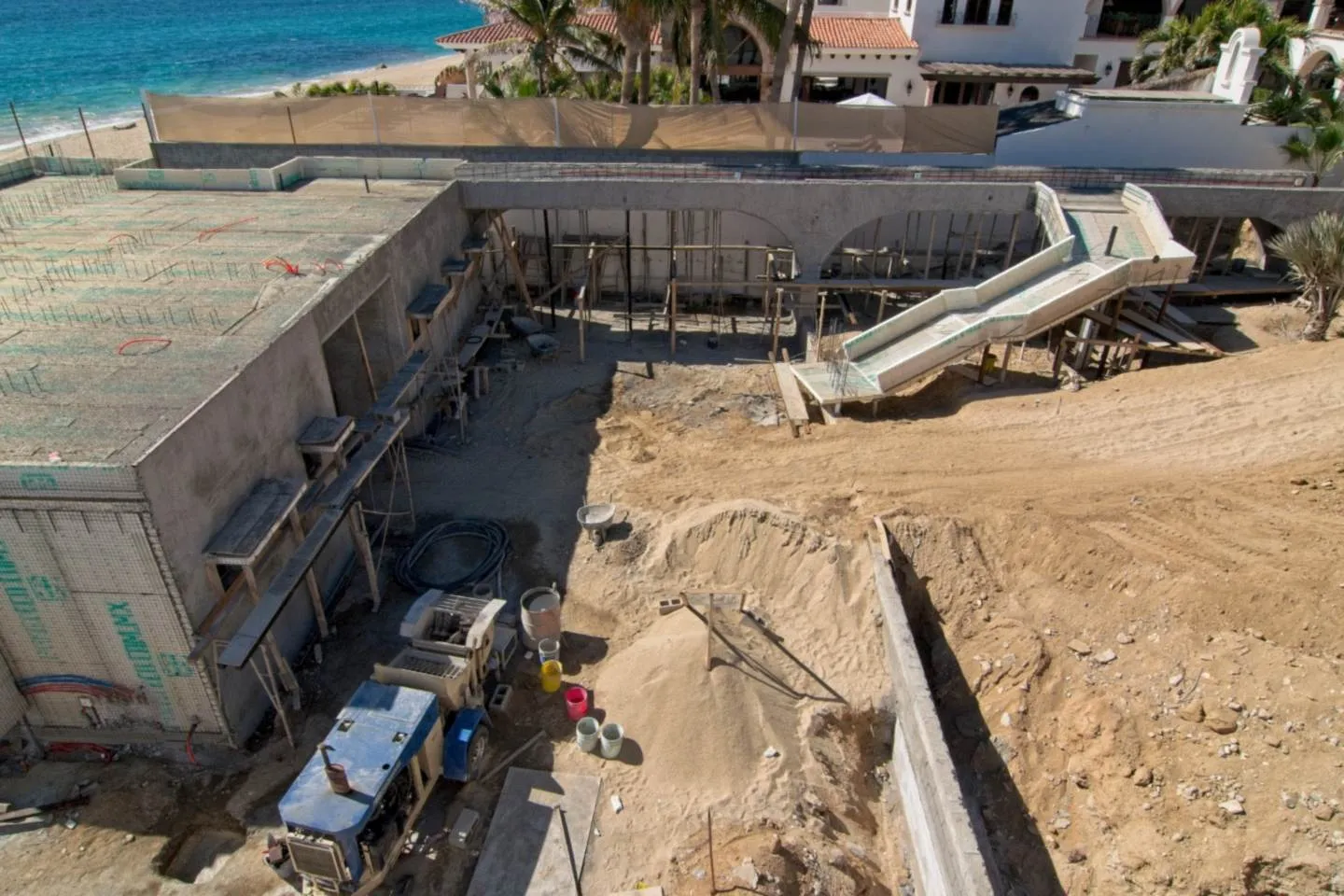 Aerial view of the ICF foundation and forming stairway, ocean beyond, El Encanto project