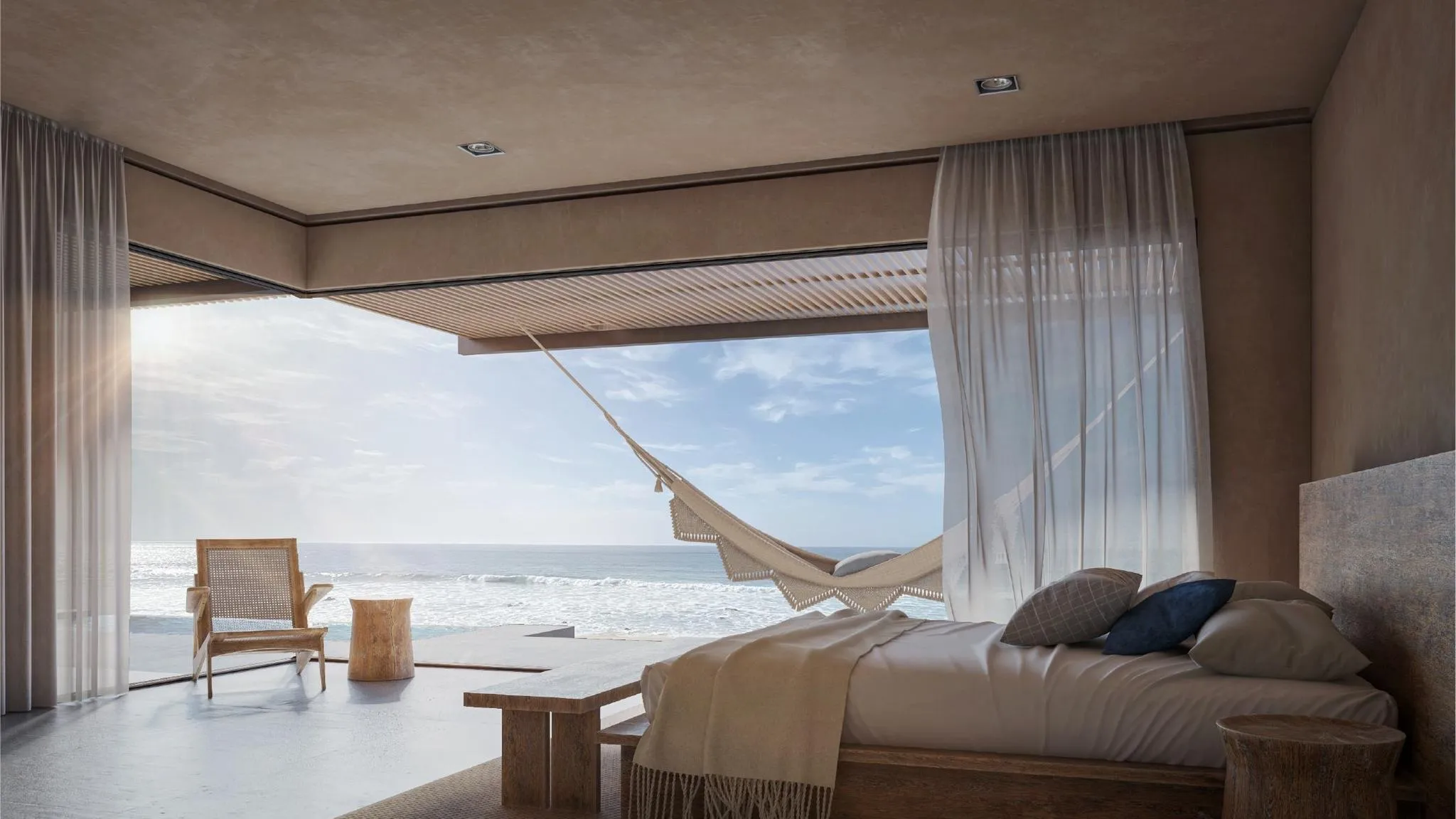 Rendering of the primary bedroom opening to the ocean at Casa AD